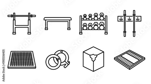 Gym equipment vector set bench press dumbbells barbells and more