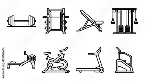 Gym equipment vector set barbell bench machines and exercise devices