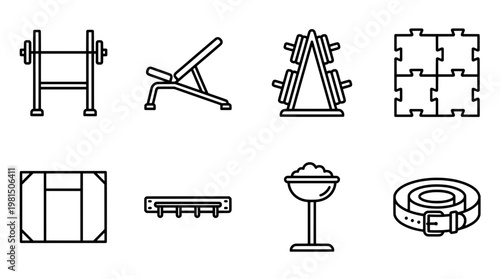 Gym equipment vector set barbell bench dumbbells puzzle mat hooks bowl belt