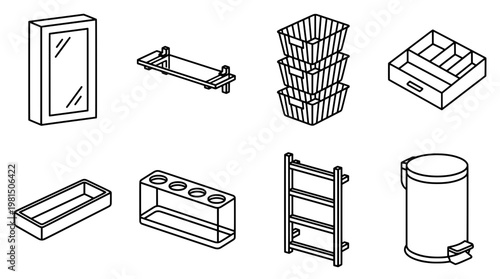 Isometric bathroom accessories set mirror shelves baskets and trash can