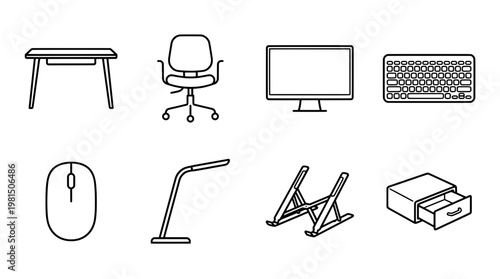 Isometric office equipment set desk chair computer keyboard and accessories