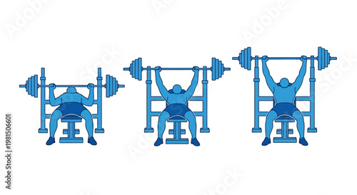 Man Performing Bench Press Exercise: Start, Mid-Lift, and Finish Positions