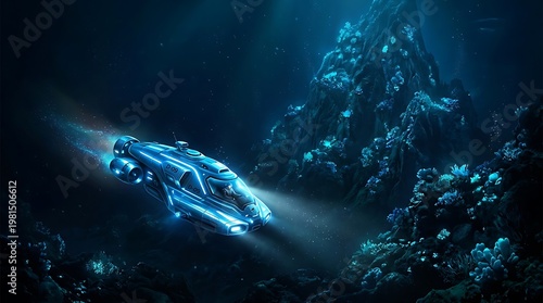 Futuristic submersible exploring a vibrant coral reef in the deep ocean with glowing lights