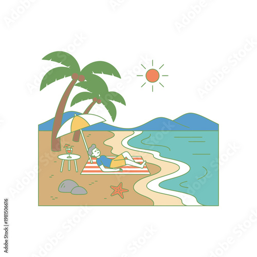 Man relaxing on a beach towel under an umbrella.