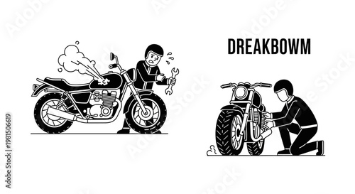 Motorcycle Breakdown: Mechanic Fixing Broken Bike, Steam Rising