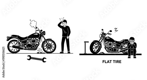 Motorcycle Breakdown: Flat Tire and Engine Trouble Frustrate Rider