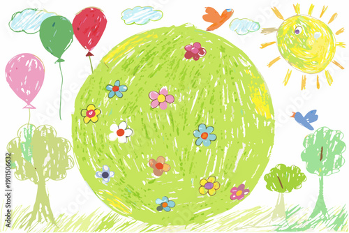 A child s colorful drawing depicts a vibrant earth with balloons and sun