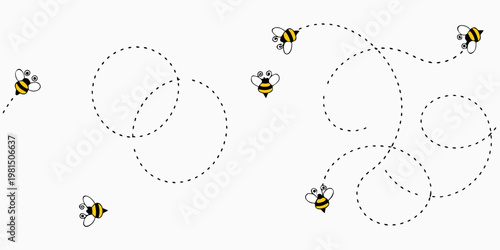 Flying bees trace looping flight paths against a white background