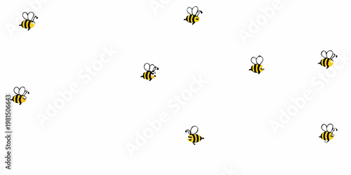 Several cartoon bees are flying across a plain white background