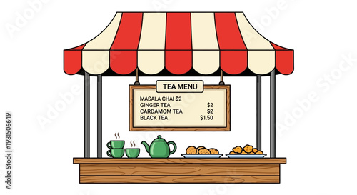Outdoor tea stall with menu, teapot, cups, and pastries, vibrant awning