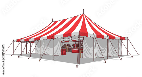 Red and White Striped Circus Tent with Booths Inside