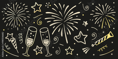 Golden new year celebration doodles with fireworks and champagne glasses