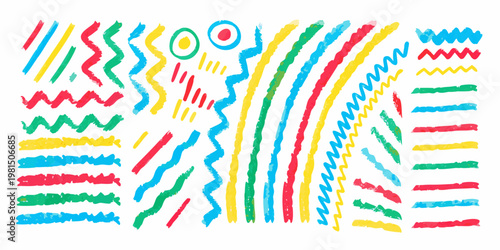 Colorful crayon scribbles and lines create an abstract art composition