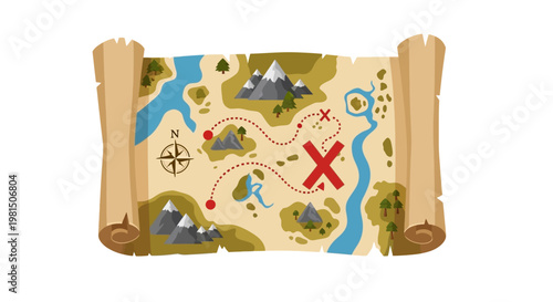 Treasure Map with Red X, Compass, Mountains, Rivers, and Path