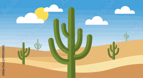 Vibrant desert landscape with saguaro cacti, sun, and clouds, flat design