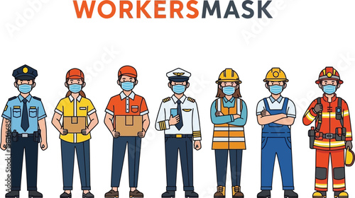 Diverse Professions wearing face masks in flat illustration style with bright lighting for pandemic awareness.