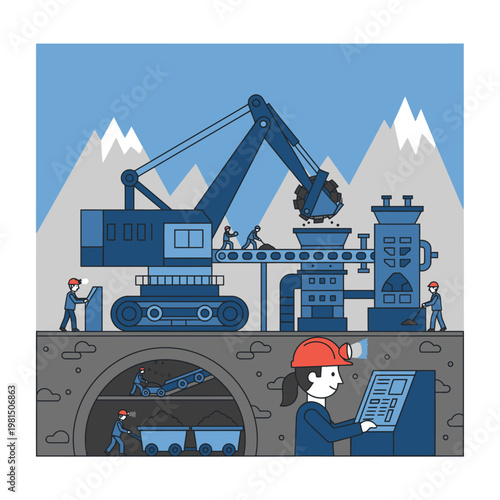 Mining operation with excavator and underground tunnel.