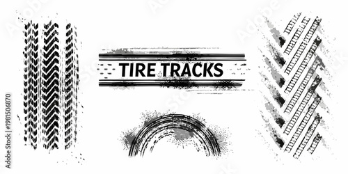 Collection of various tire track impressions in grayscale tones