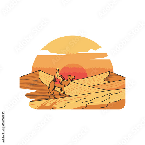 Man riding camel across desert dunes at sunset.
