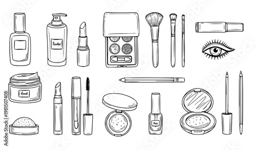 Cosmetic makeup doodle set – beauty products sketch vector illustration