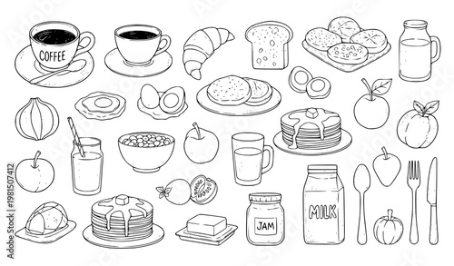 Black and white food icon set – sandwich, pizza, donut, cupcake vector collection