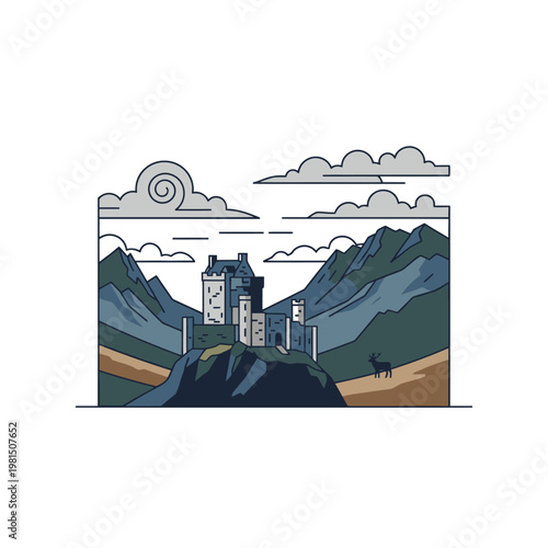 Medieval Castle on Rocky Outcrop Illustration.