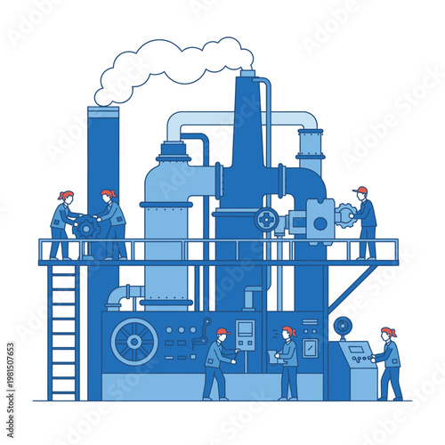 Industrial Factory Machinery with Workers Operating Equipment.
