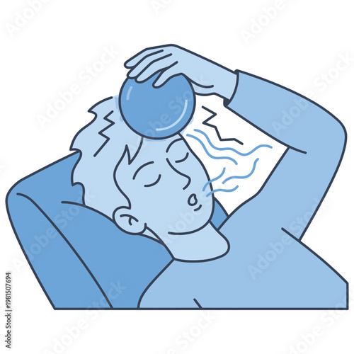 Person applying cold compress to forehead for relief.