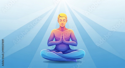 Serene man meditates in lotus position with hands clasped surrounded by soothing blue rays of light