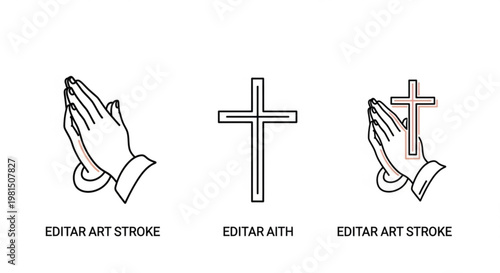 Praying hands and crosses religious symbols in black and white faith icons