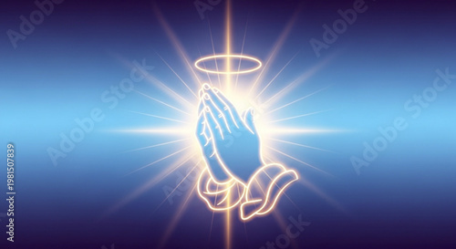 Praying hands with glowing halo and radiant light on blue background symbolizing faith and spirituality