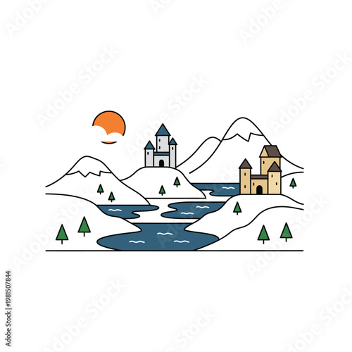 Medieval Castles on Snowy Hills with a Lake.