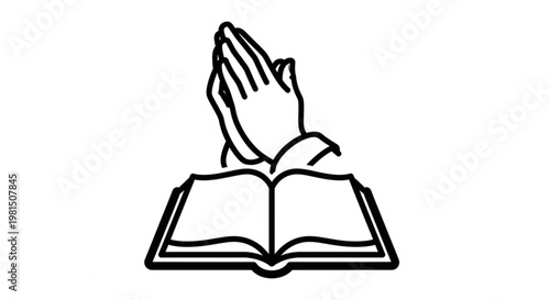 Praying hand gesture over an open book in a simple line art style on white background