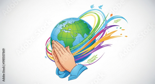 Praying hands holding a green earth globe with colorful swirling lines and leaves symbolizing hope and environmental protection