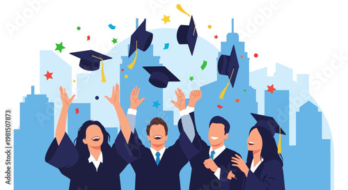 Joyful graduates tossing caps in air celebrating academic achievement.