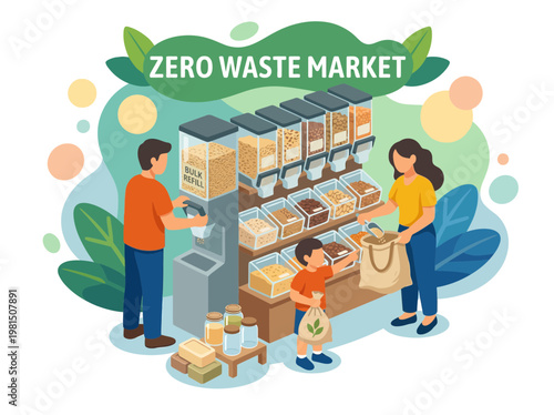 Family Shopping at Zero Waste Market with Bulk Refill Stations