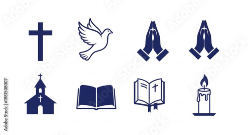 Religious symbols and icons including cross dove praying hands church holy book and candle on white background