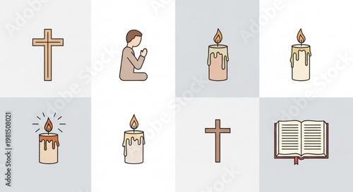 Religious symbols and objects for prayer and worship including crosses candles holy book and praying person