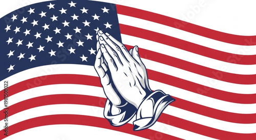 Praying hands in front of waving american flag symbolizing faith and patriotism together