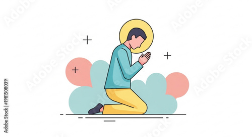 Man kneeling in prayer with hands clasped and halo symbolizing faith and devotion in a simple modern illustration style