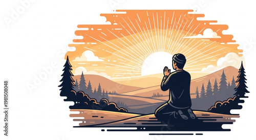 Man meditates in prayer at sunrise with serene mountain landscape background