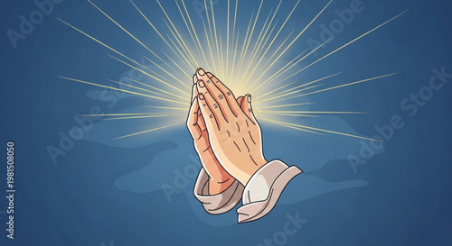 Praying hands with glowing light symbolizing hope and spirituality in a serene blue background