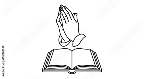 Praying hands above an open book in a simple line art style on white background