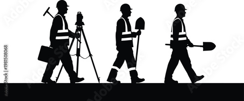 Construction workers with surveying equipment and shovels in silhouette on white background for industry.