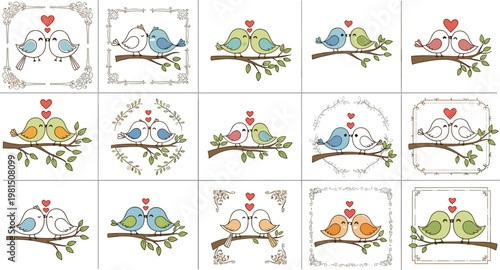 Cute Love Birds Illustration Set Featuring Romantic Couples on Branches with Hearts and Decorative Frames in Cartoon Style Collection