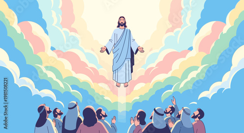 Ascension of Jesus Christ Vector Illustration with Multicolored Clouds and Adoring Crowd - Religious Art