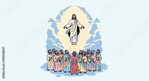Vector illustration of Jesus Christ's holy Ascension into divine light and clouds, with devoted disciples witnessing the profound spiritual event