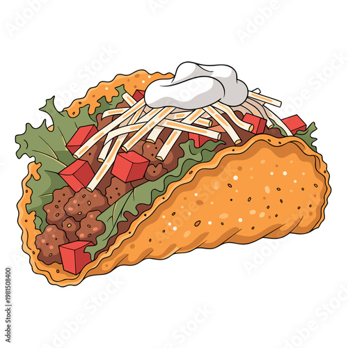 Mouthwatering beef taco filled with lettuce, cheese, tomato, and sour cream, isolated vector on transparent background.