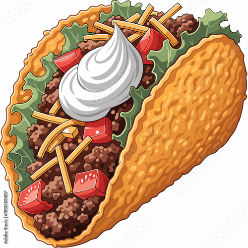 Appetizing beef taco with lettuce, cheese, tomato, and sour cream, isolated vector for restaurant menu design.