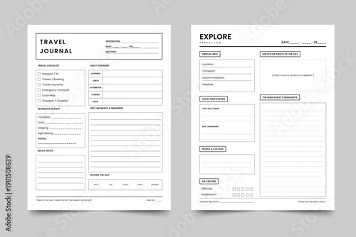 Travel Journal and Explore Logbook Bundle, Minimalist Vacation Itinerary Planner, Destination Discovery and Budgeting Sheets, Trip Memory Tracker